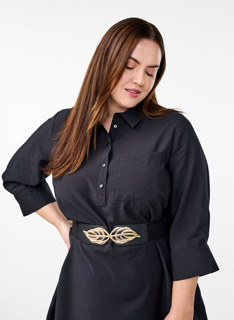 Elastyczny pas z klamra w ksztalcie zlotego liscia, Black, Model image number 0