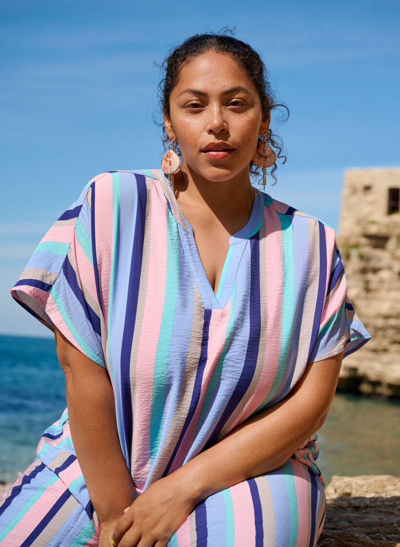 Wiskozowa bluzka w paski z kr&oacute;tkim rekawem, Niebieskie, Image image number 0