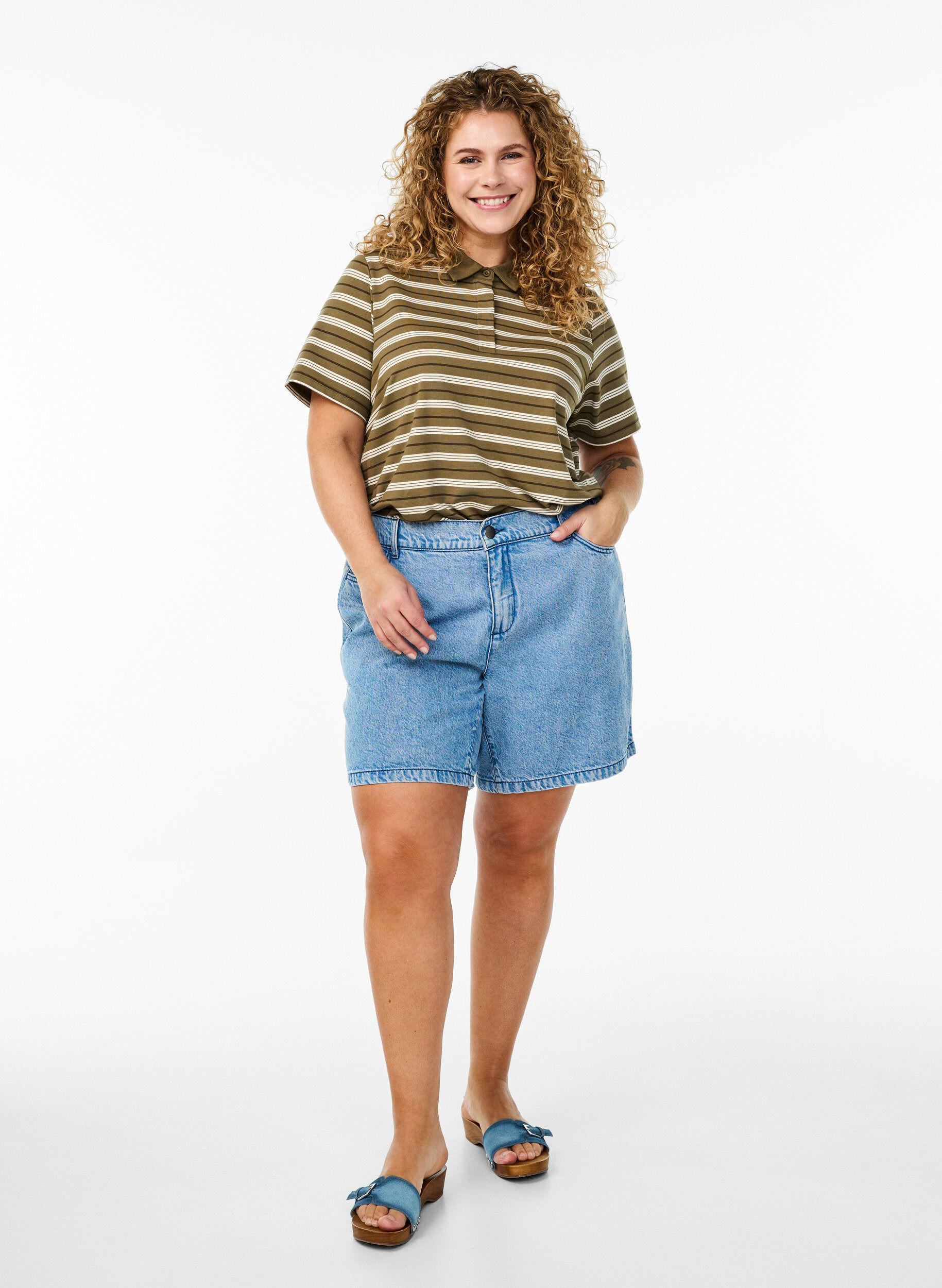 Zizzi Koszulka polo w paski z kr&oacute;tkim rekawem, Zielony, Model image number 1