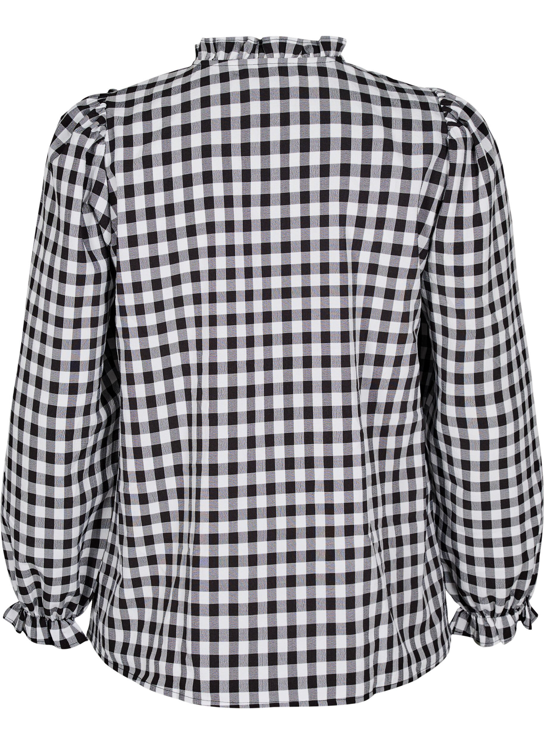 Zizzi Bluzka koszulowa w krate z falbankami, Black/W. Gingham, Packshot image number 1