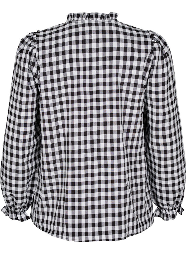 Bluzka koszulowa w krate z falbankami, Black/W. Gingham, Packshot image number 1