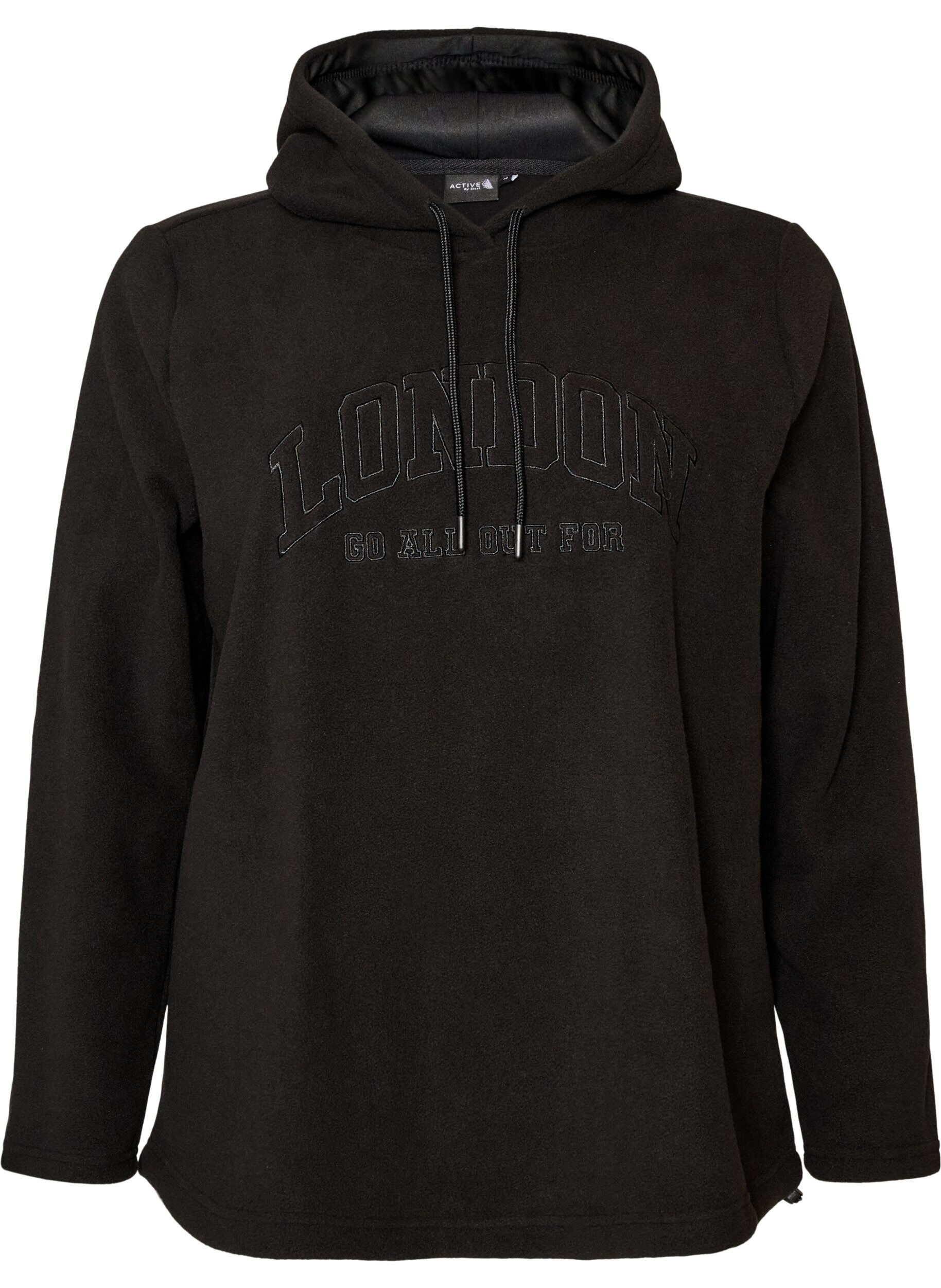 ZizziBluza z kapturem z polaru z wysokim kolnierzem i haftowanym tekstem, Czarne, Packshot image number 0