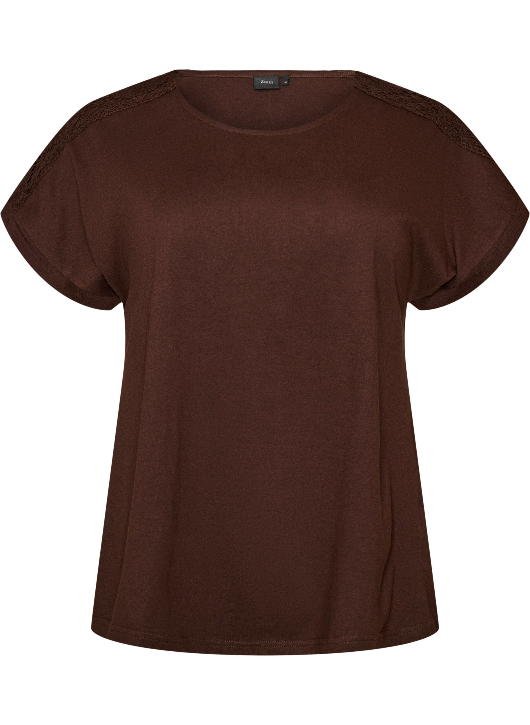 ZizziBawelniany T-shirt z szydelkowym detalem, Brązowy, Packshot image number 0