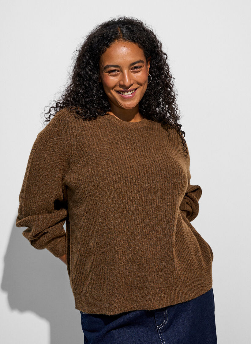 Sweter z ryfionymi rekawami w ksztalcie balon&oacute;w, Brązowy, Model image number 0