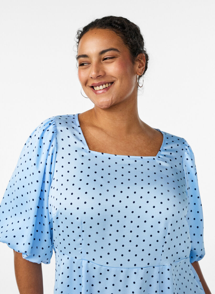 Sukienka midi Polka dot w kolorze ecru z kwadratowym dekoltem, Niebieskie, Model image number 3