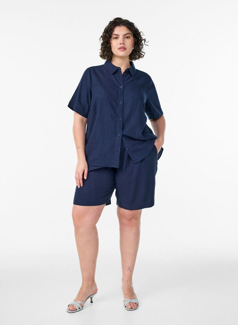 Szorty z lnu i wiskozy z wysokim stanem, Niebieskie, Model image number 1