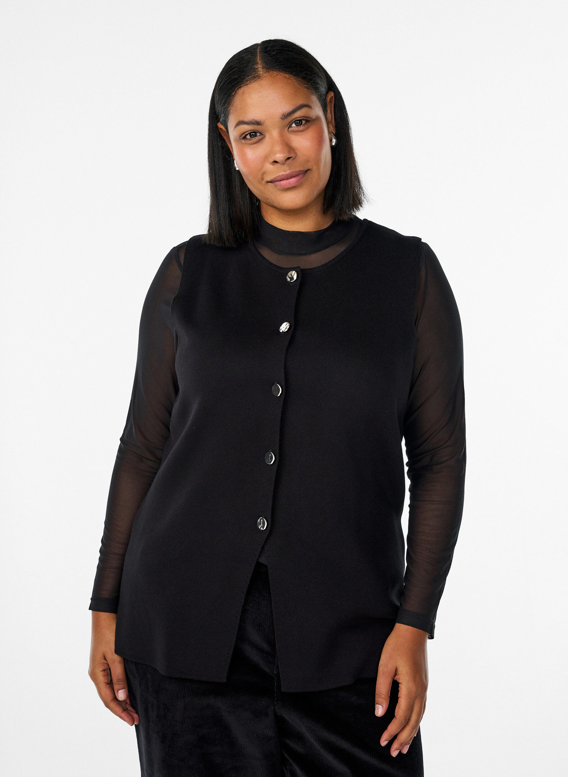 bezrekawnik dzianinowy z ozdobnymi guziki, Czarne, Model