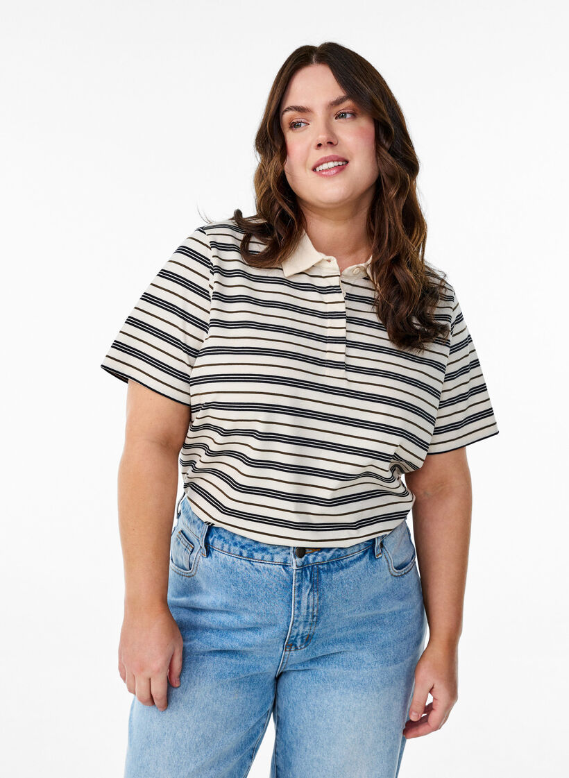 Koszulka polo w paski z krótkim rekawem, Biały, Model image number 0