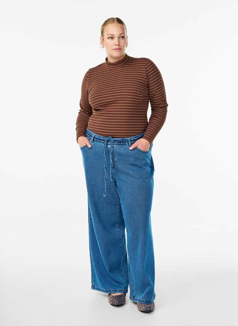 Bluzka z dzianiny z lamówka w paski i wysokim kolnierzem, Brązowy, Model image number 1