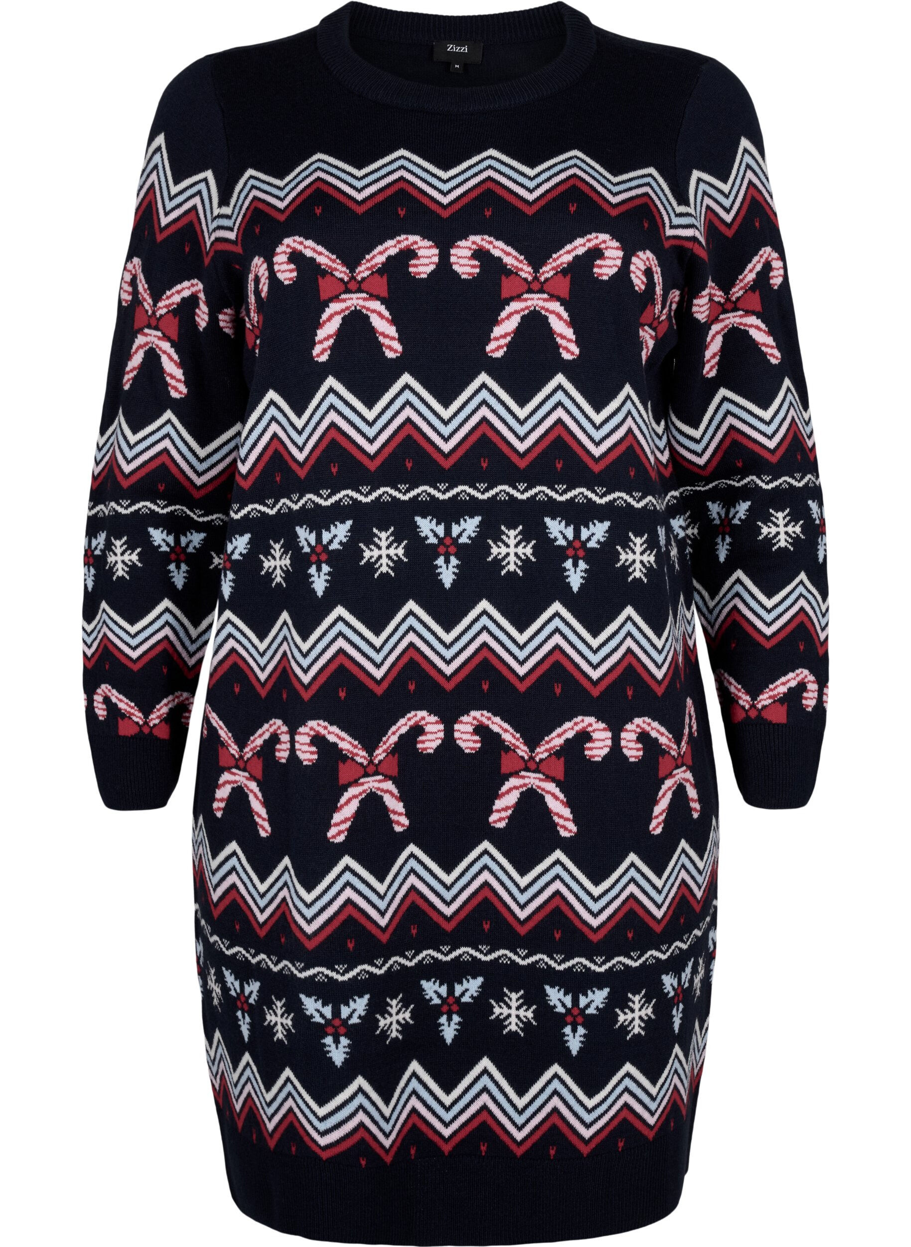 Zizzi Dzianinowa sukienka z dlugimi rekawami i swiatecznym motywem, Navy Blazer Comb, Packshot image number 0