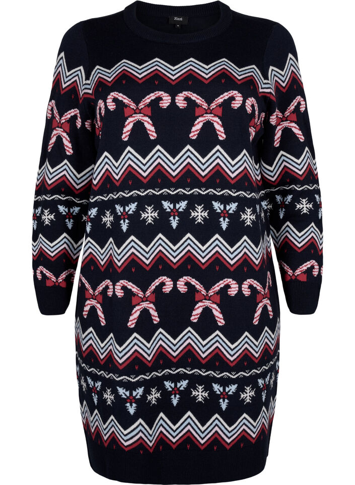 Dzianinowa sukienka z dlugimi rekawami i swiatecznym motywem, Navy Blazer Comb, Packshot image number 0