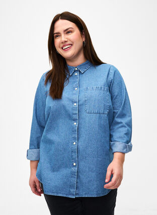 Jeansowa koszula w kwiaty z kieszenia na piersi, Light Blue Denim, Model image number 0