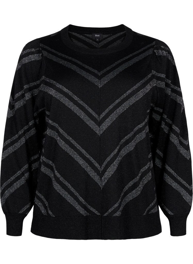 Zizzi Blyszczacy, dzianinowy sweter z okraglym dekoltem, Black w.S.L.Stripes, Packshot image number 0