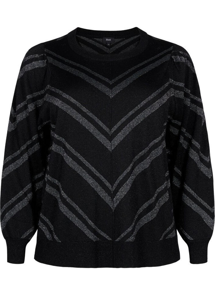 Blyszczacy, dzianinowy sweter z okraglym dekoltem, Black w.S.L.Stripes, Packshot image number 0