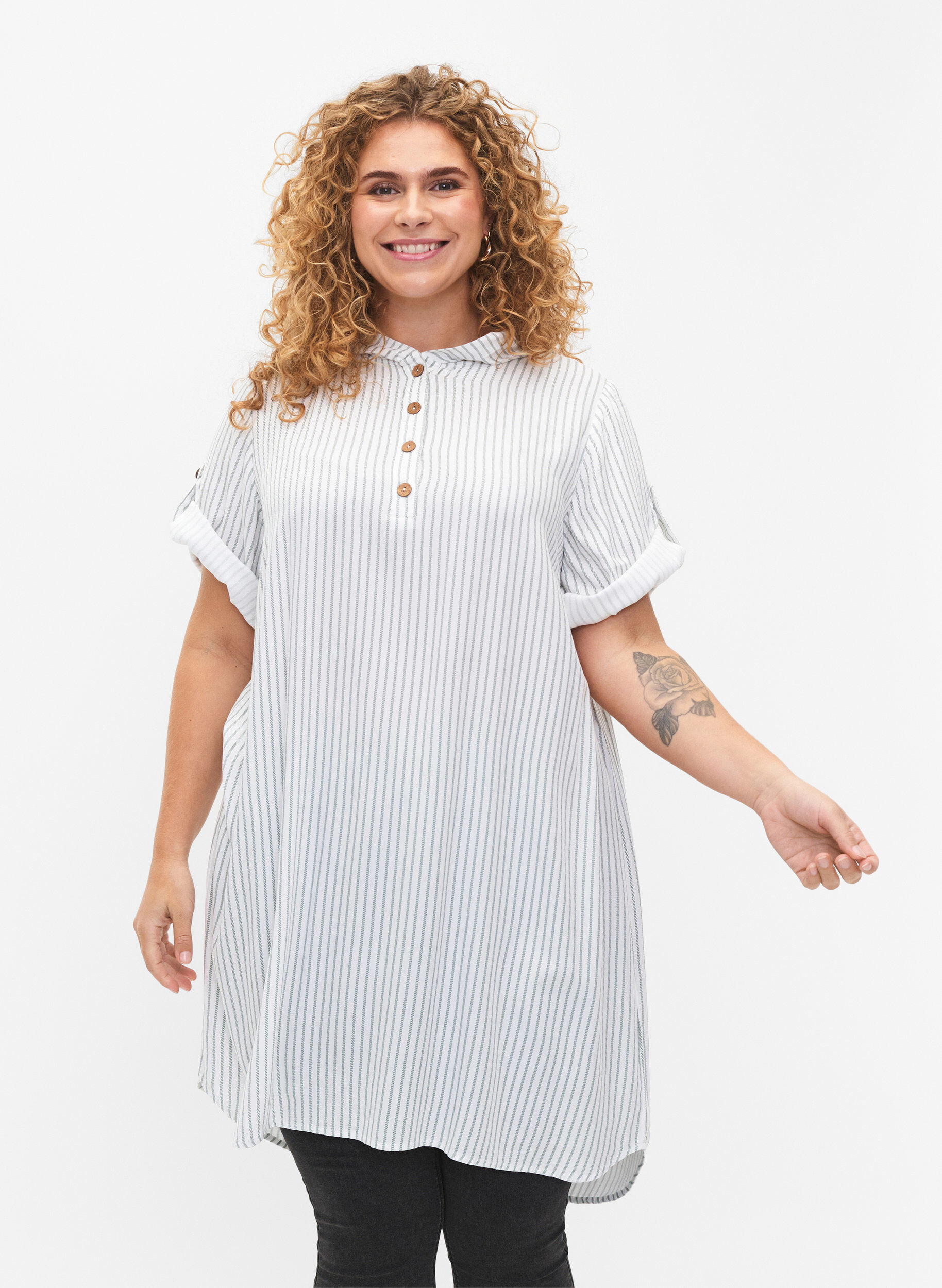 Zizzi Wiskozowa tunika z kr&oacute;tkim rekawem i kapturem, Chinois Green Stripe, Model image number 0