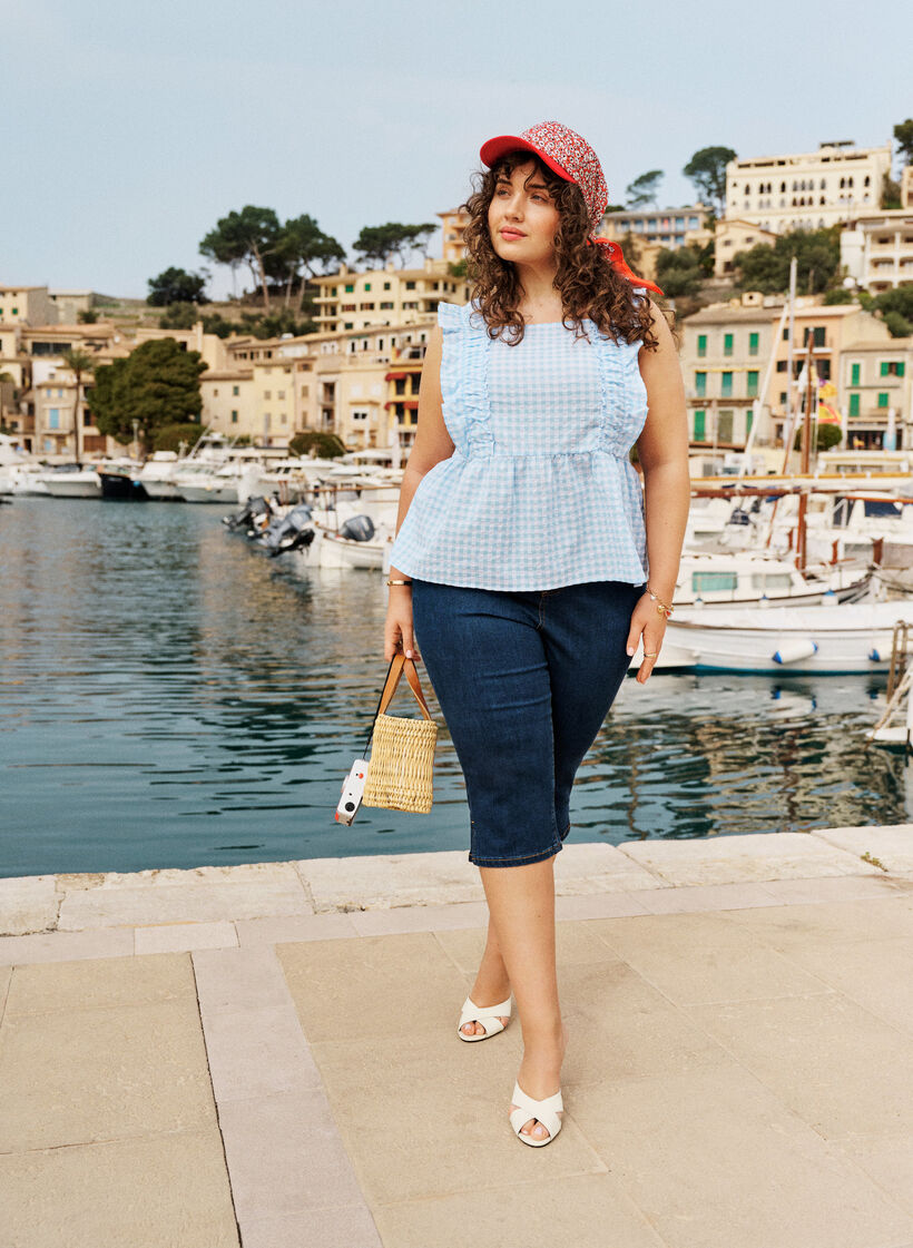 Spodnie capri ze sciagaczem w talii, slim fit, ze stretchowego denimu, Niebieskie, Image image number 0