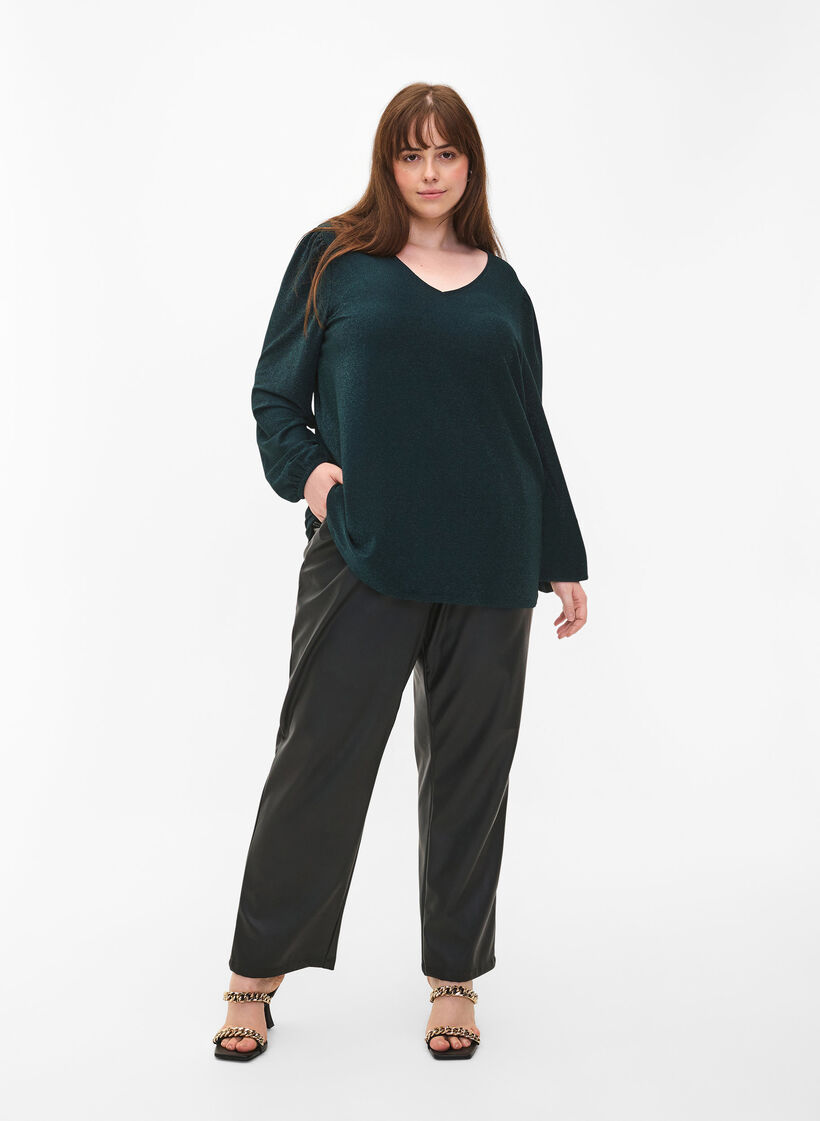 Brokatowa bluzka z bufiastymi rekawami, Black Scarab, Model image number 2