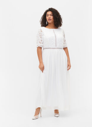 Dluga sukienka z dekoltem z tylu i krótkimi rekawami, Bright White, Model image number 0