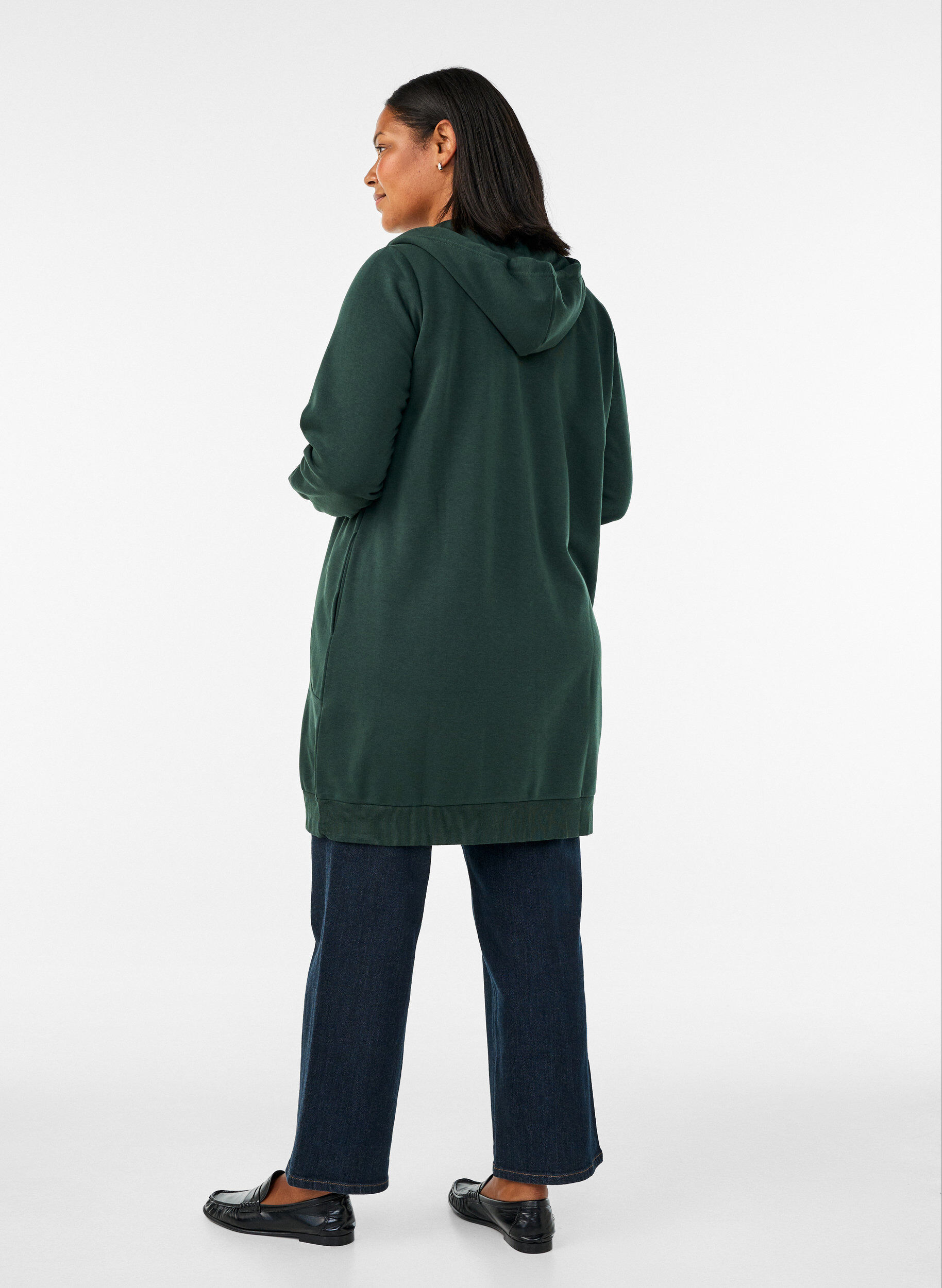 ZizziDluga bluza z kapturem, zamkiem blyskawicznym i kieszeniami, Zielony, Model image number 2