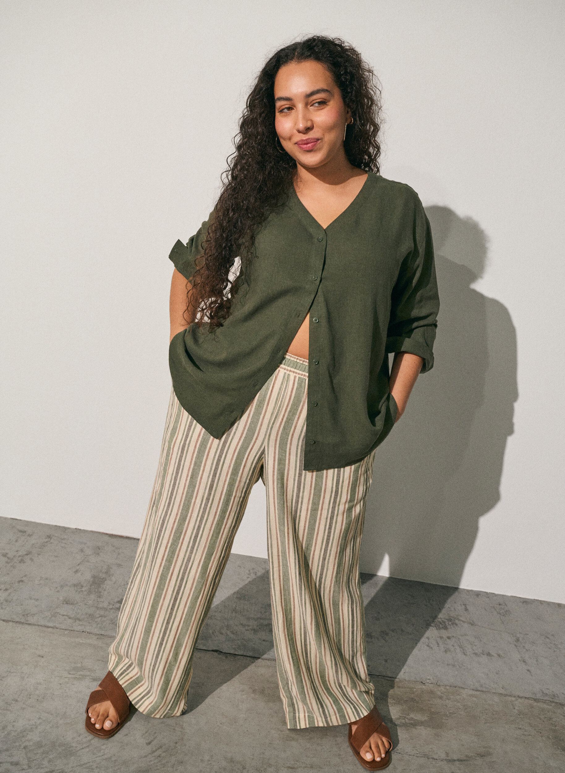 ZizziSpodnie z lnu i wiskozy o szerokich nogawkach, Biały, Image image number 0