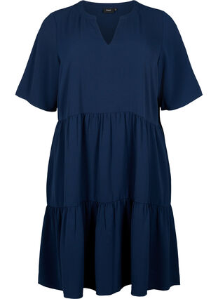 Rozszerzana, odcinana sukienka z krótkim rekawem, Navy Blazer, Packshot image number 0