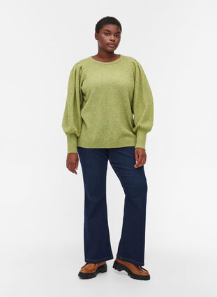 Melanzowy sweter z dzianiny z bufiastymi rekawami, Green Olive Mel., Model image number 2