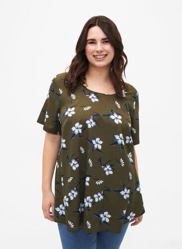 Flash – bluzka z krótkim rekawem i nadrukiem, Olive Night Flower, Model image number 0