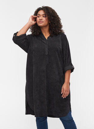 Aksamitna sukienka z 3/4-length rekawami i guzikami, Black, Model image number 0