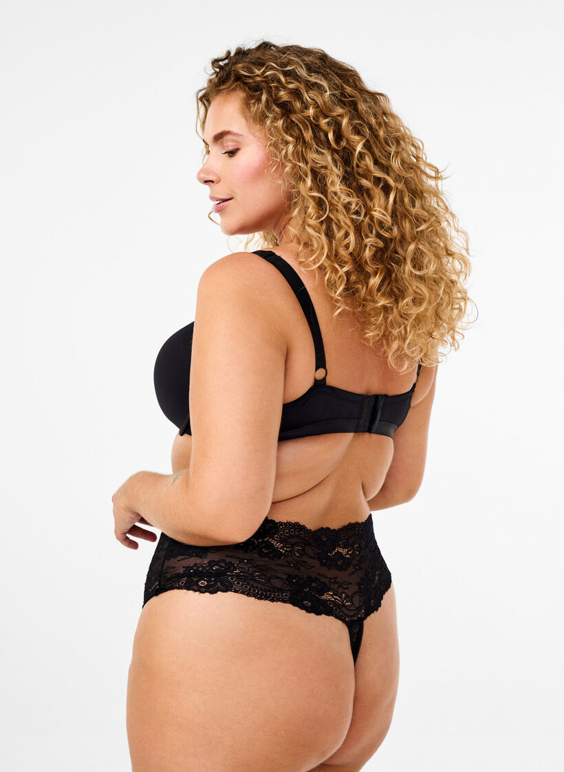 Stringi z mikrofibry z koronka, Czarne, Model image number 1