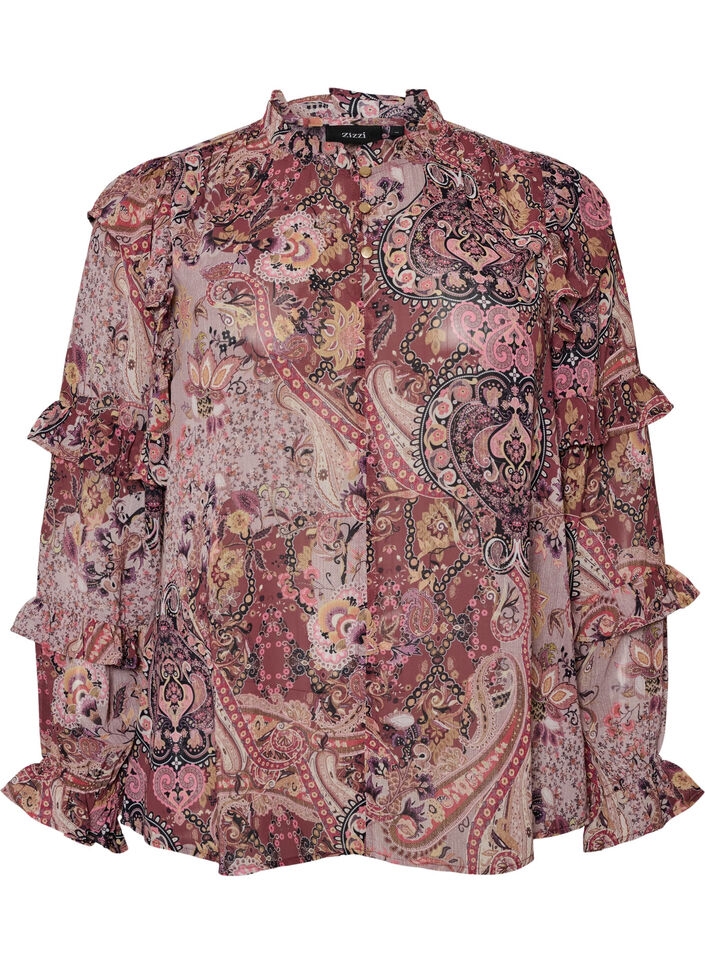 Bluzka z nadrukiem w stylu paisley i falbankami, Fioletowy, Packshot image number 0