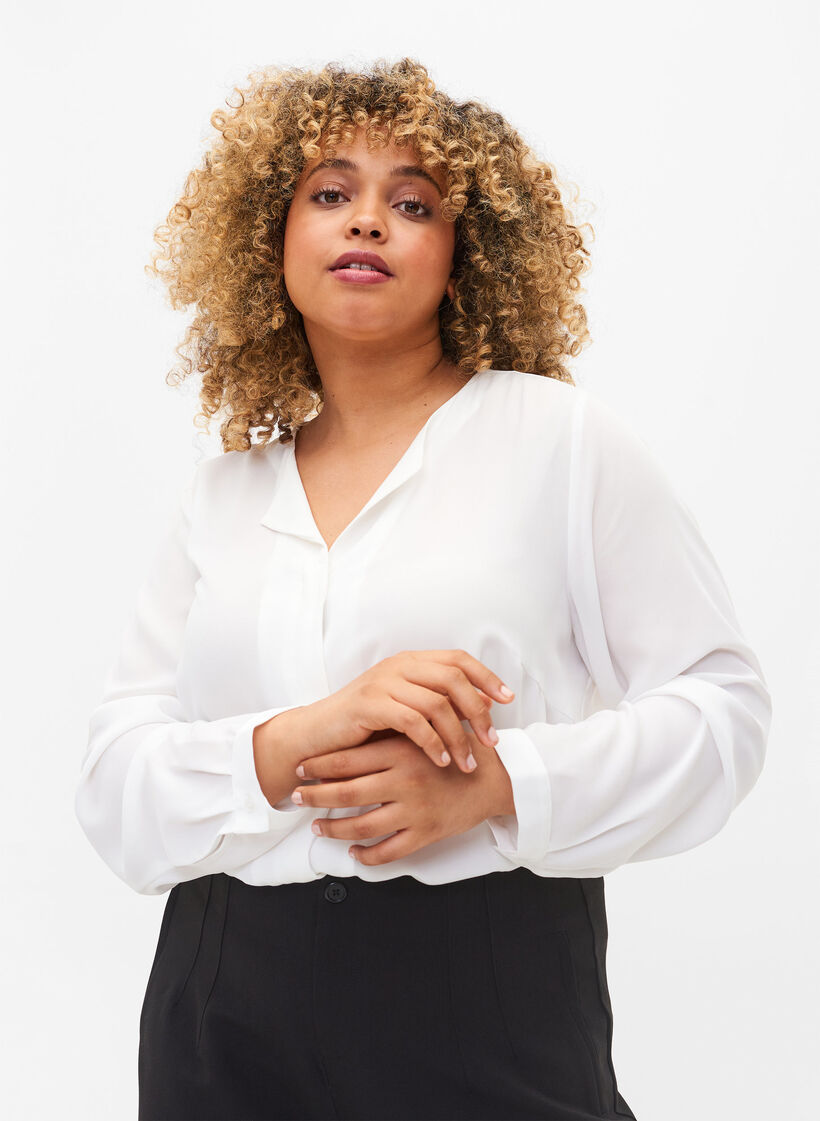 Jednokolorowa koszula z dekoltem w szpic, Bright White, Model image number 0