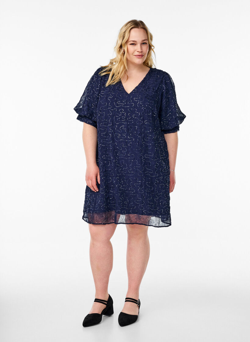 Krótka sukienka imprezowa z cekinami, Niebieskie, Model image number 1