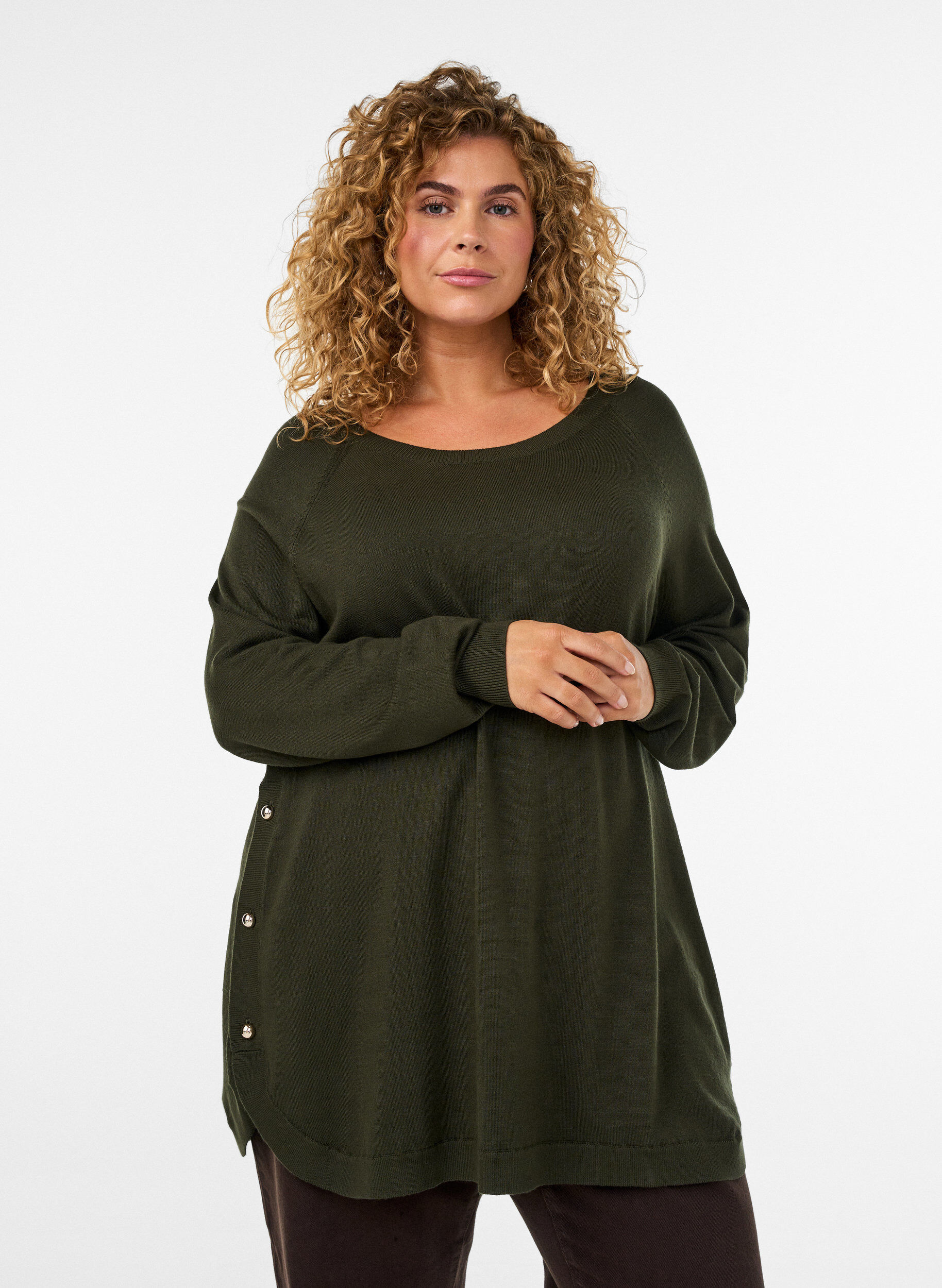 Bluzka dzianinowa z guziki bocznymi, Zielony, Model