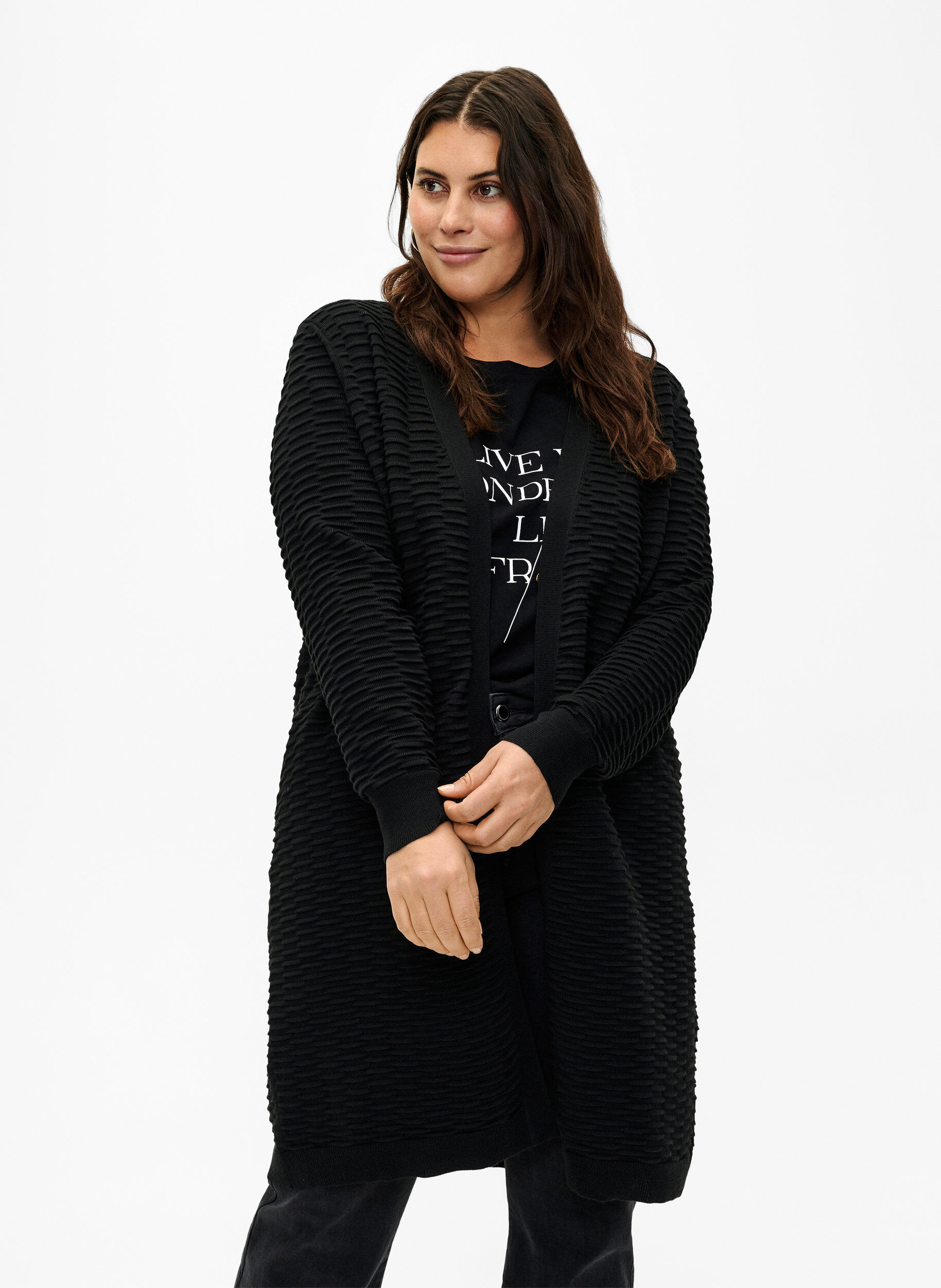 Zizzi Dzianinowy kardigan z mieszanki bawelny i wiskozy, Black, Model image number 0