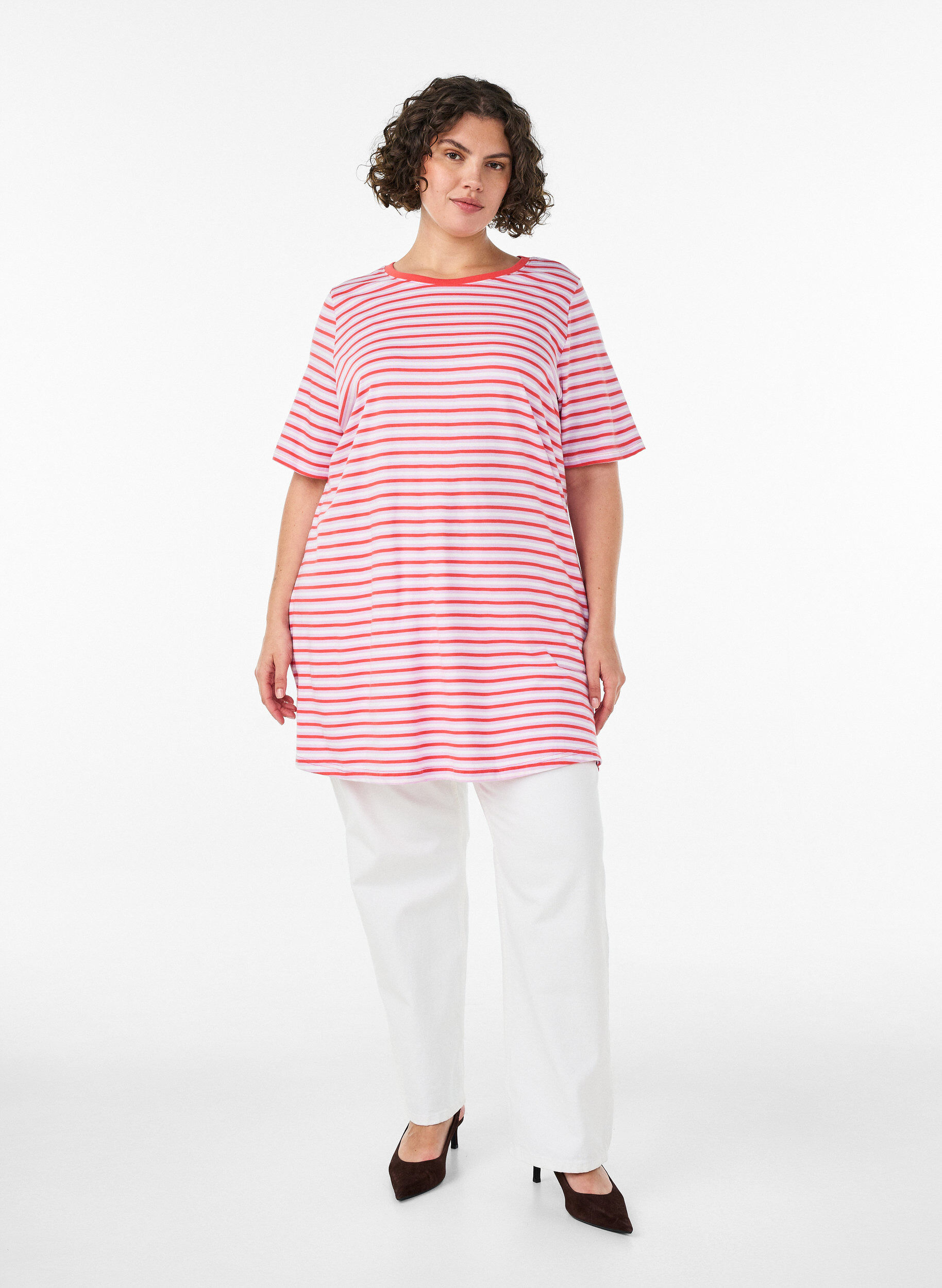 ZizziDluga koszulka oversize w paski z bawelny organicznej, Fioletowy, Model image number 1