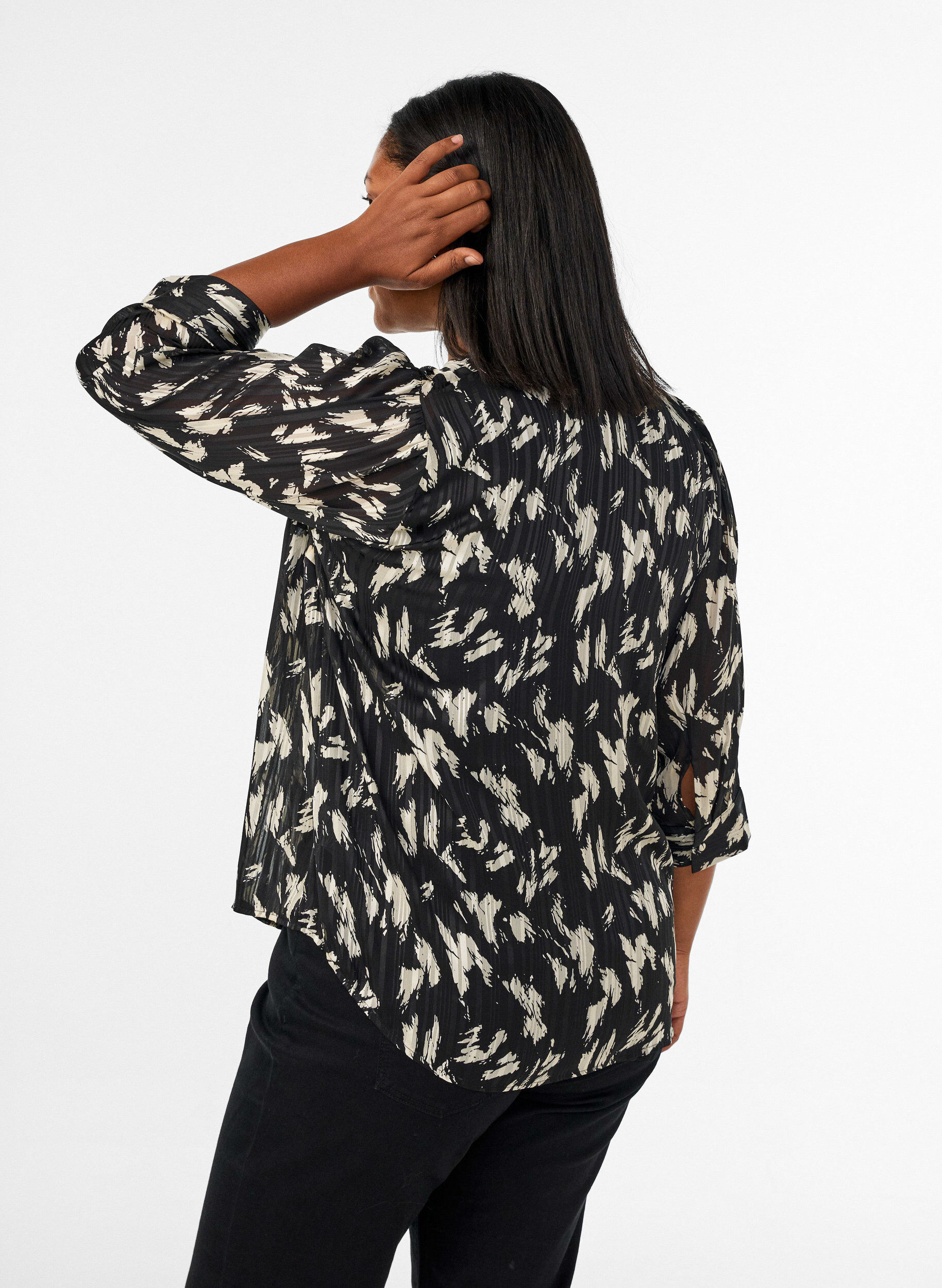 ZizziKoszula w krate z wykladanym kolnierzem i 3/4-sleeves, Czarne, Model image number 2