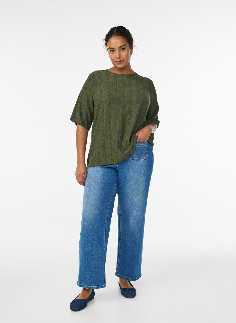 Bluzka z fakturowanym wzorem i krótkim rekawem, Zielony, Model image number 1