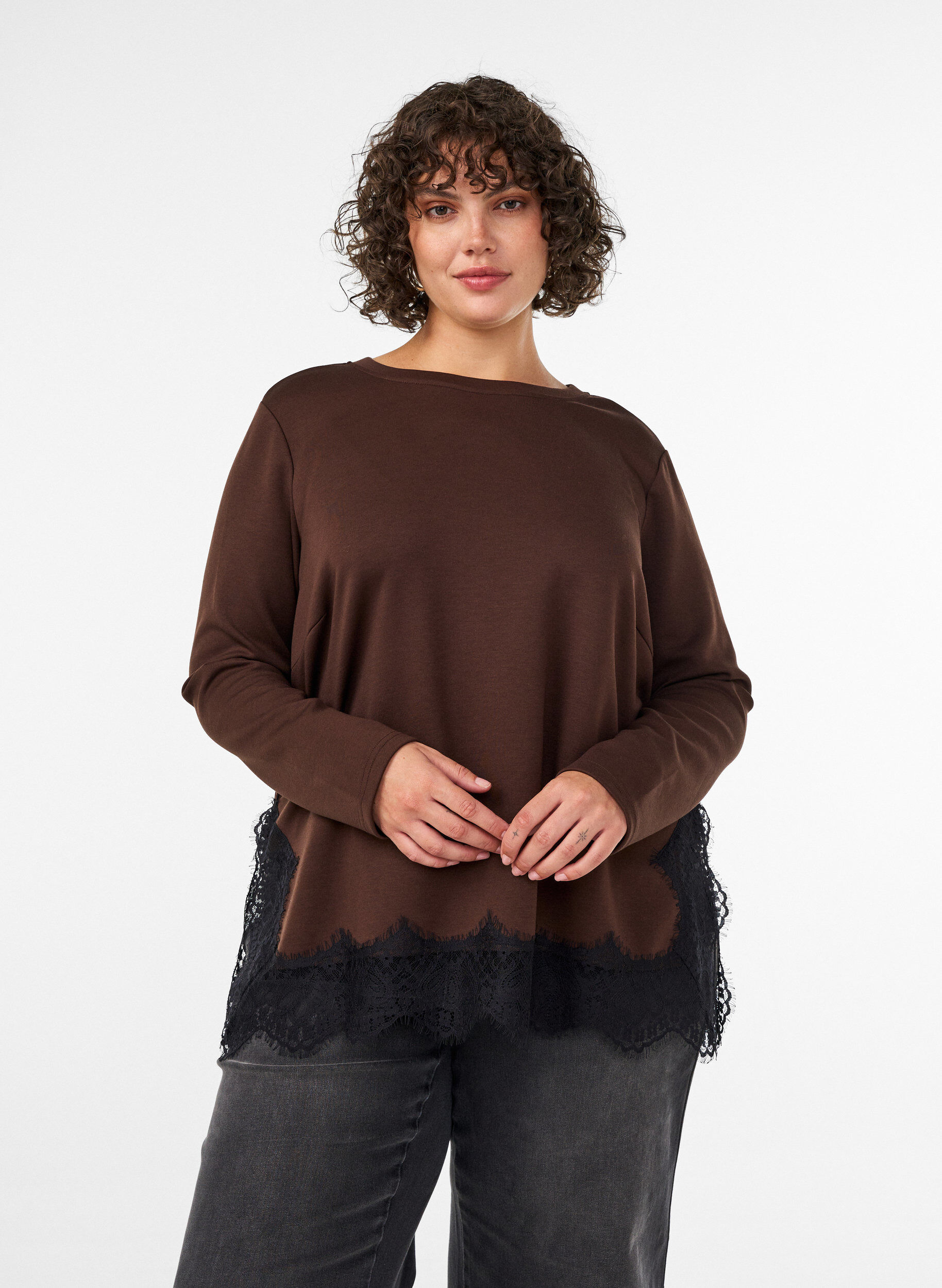 ZizziBluzka z dzianiny z koronkowym wykonczeniem, Brązowy, Model image number 0