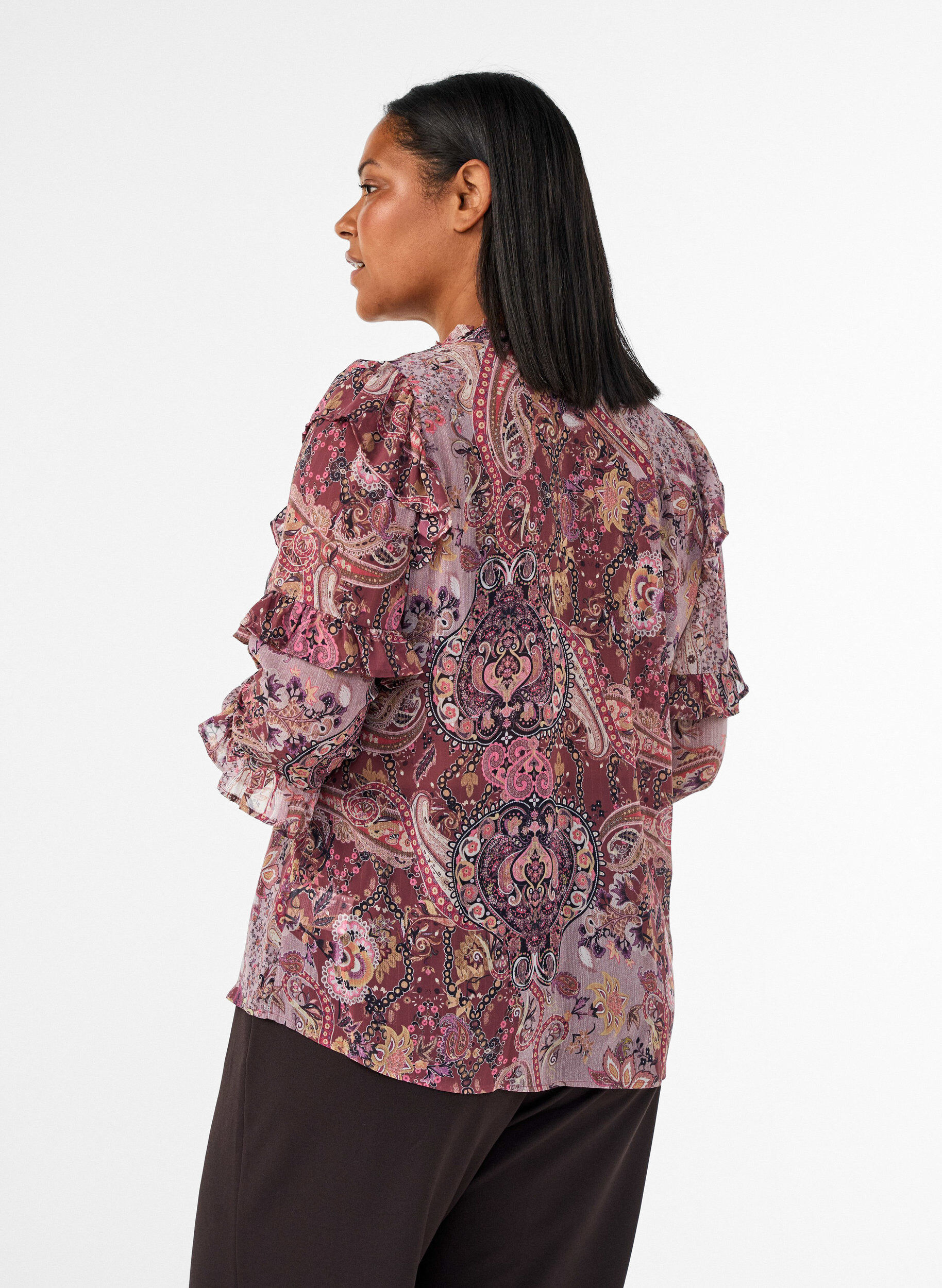 ZizziBluzka z nadrukiem w stylu paisley i falbankami, Fioletowy, Model image number 2
