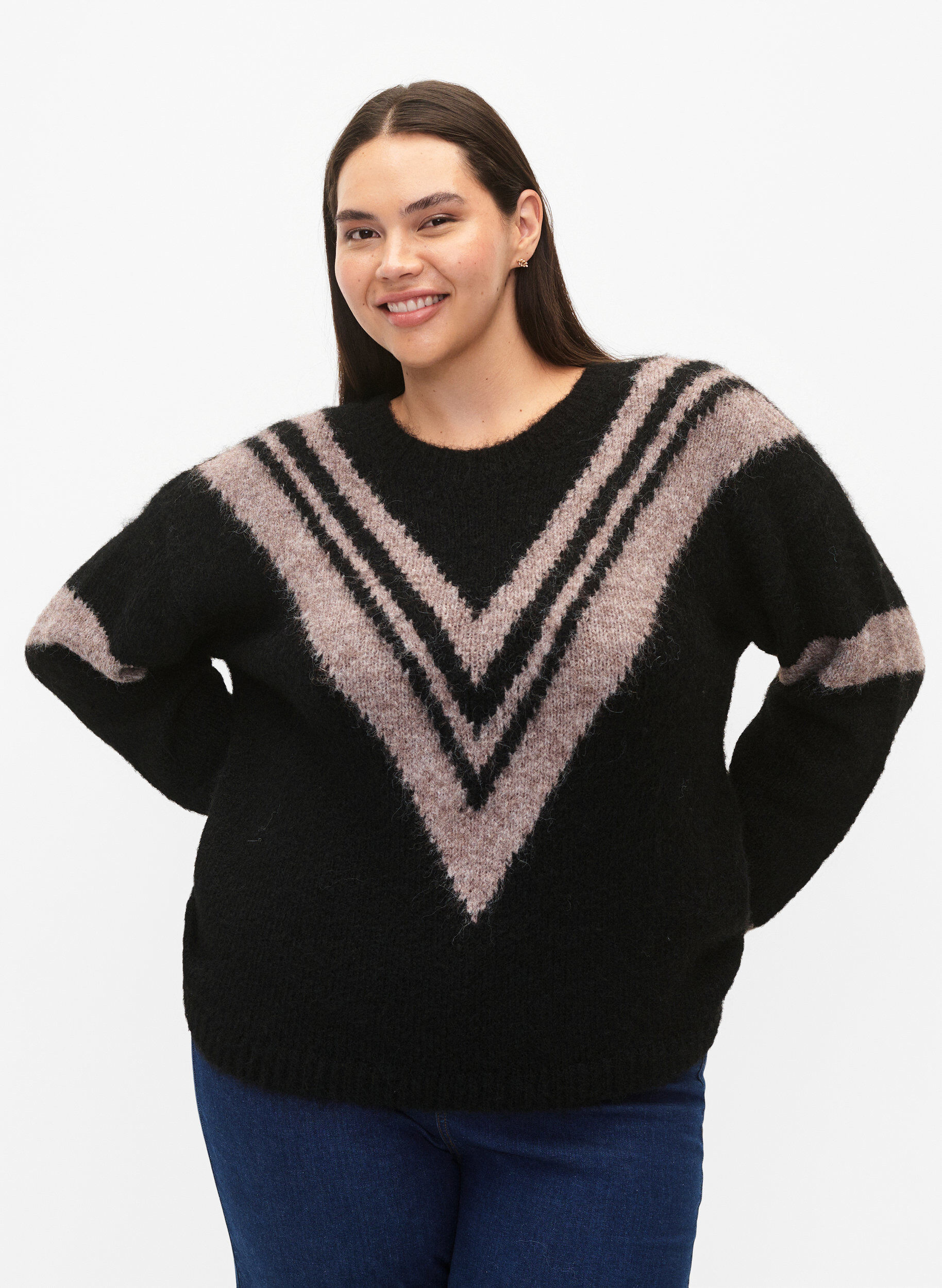 Zizzi Dzianinowy sweter w paski, Black Comb, Model image number 0