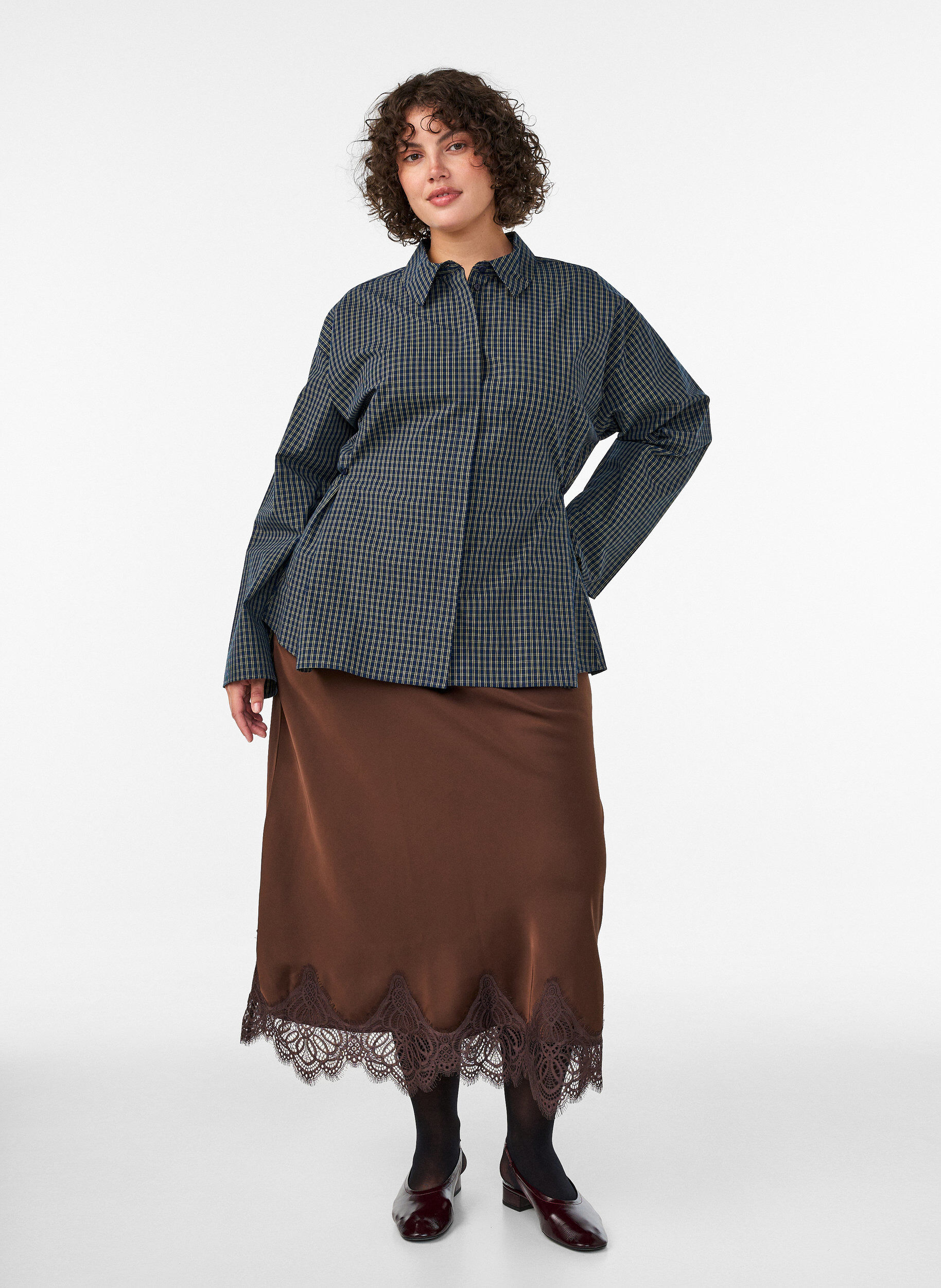 ZizziBawelniana koszula w krate z krytym zapieciem na guziki, Niebieskie, Model image number 1