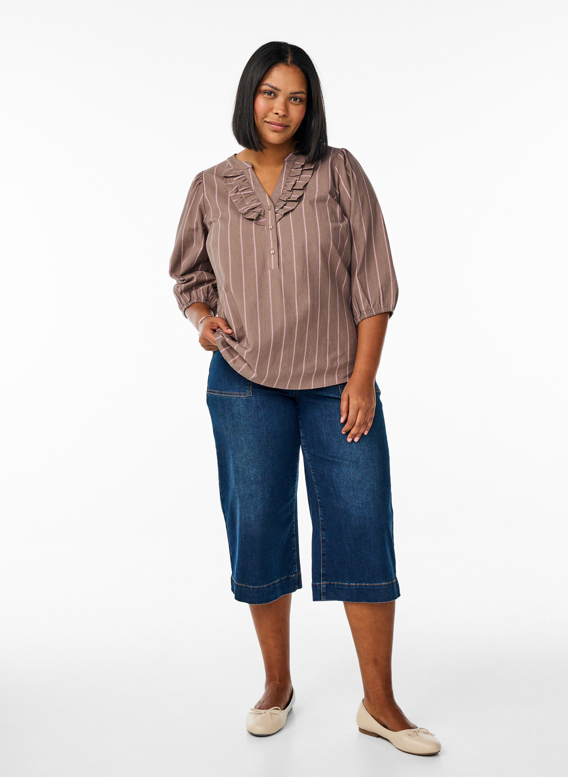 Zizzi Bawelniana bluzka w paski z rekawem 3/4, Brązowy, Model image number 1