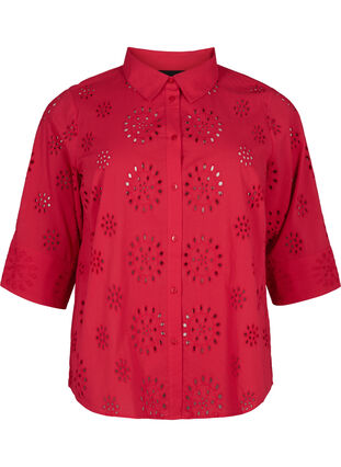 Bluzka koszulowa z haftem angielskim i rekawem 3/4, Tango Red, Packshot image number 0