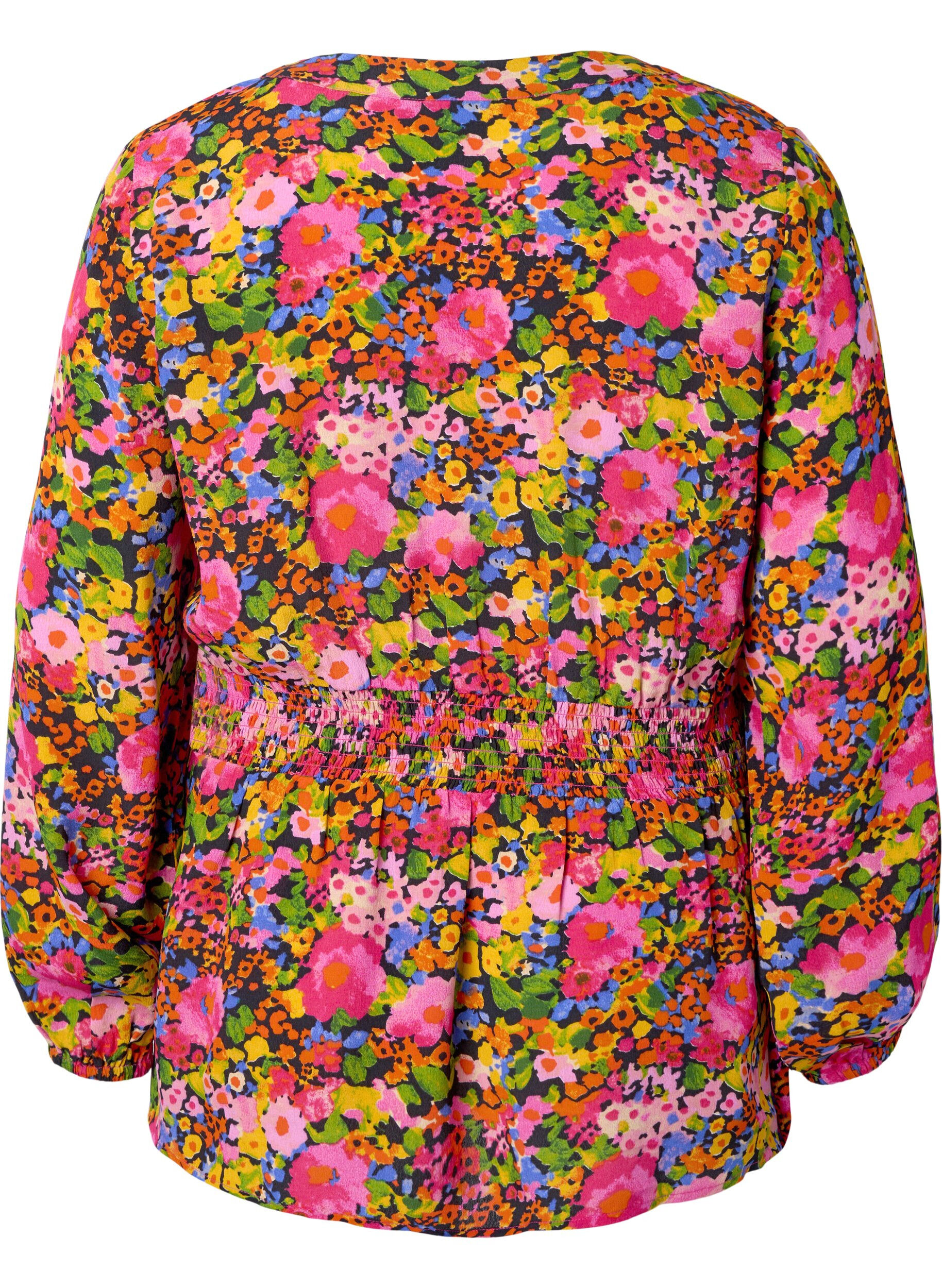 Zizzi Kwiecista bluzka z wiskozy z marszczeniem, Neon Flower Print, Packshot image number 1