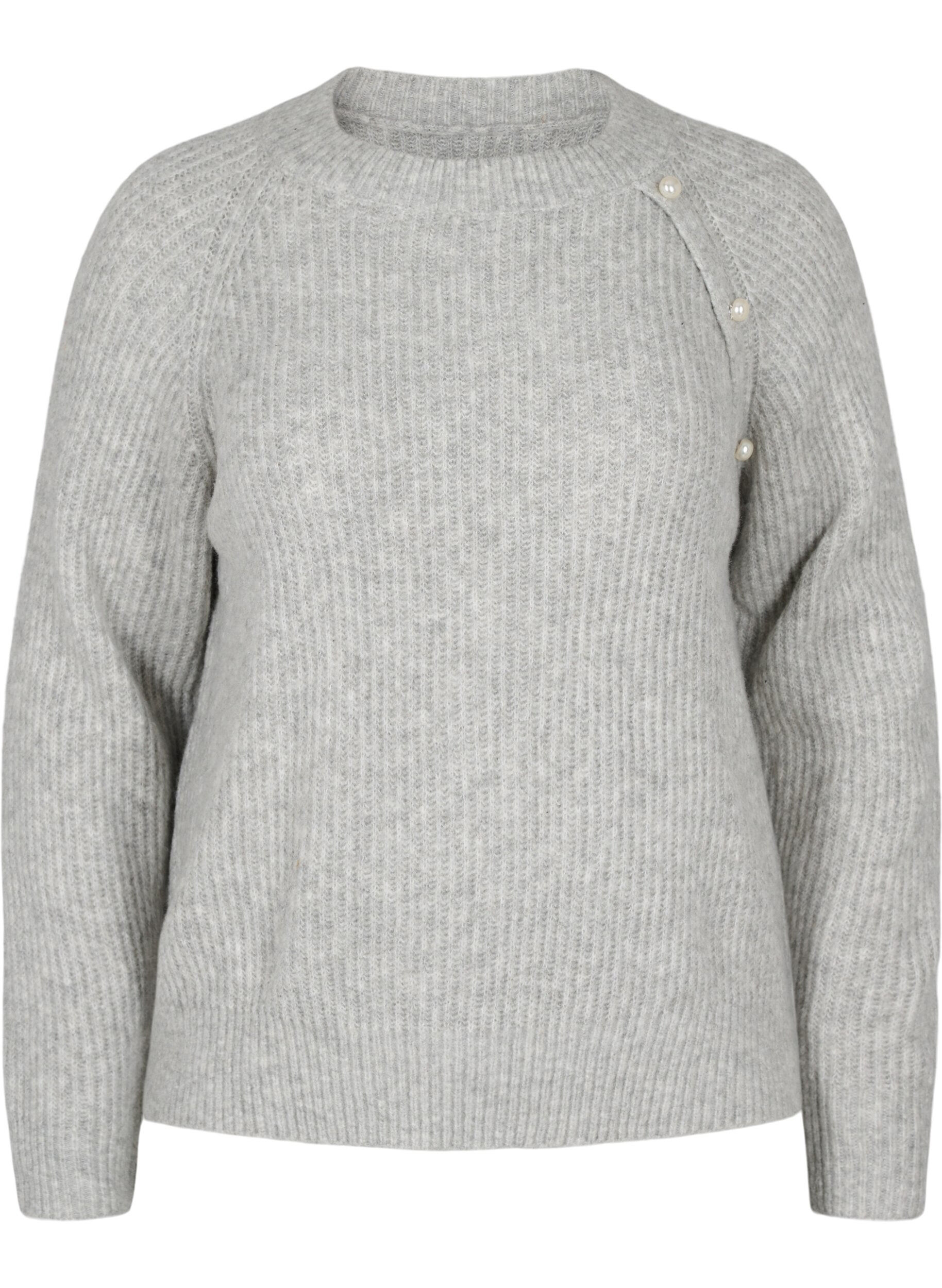 Zizzi Melange knit sweater with pearl buttons, Light Grey Melange, Packshot image number 0
