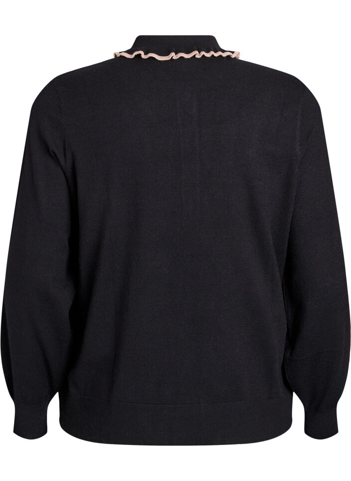 Bluzka dzianinowa z marszczonym kolnierzykiem polo, Czarne, Packshot image number 1