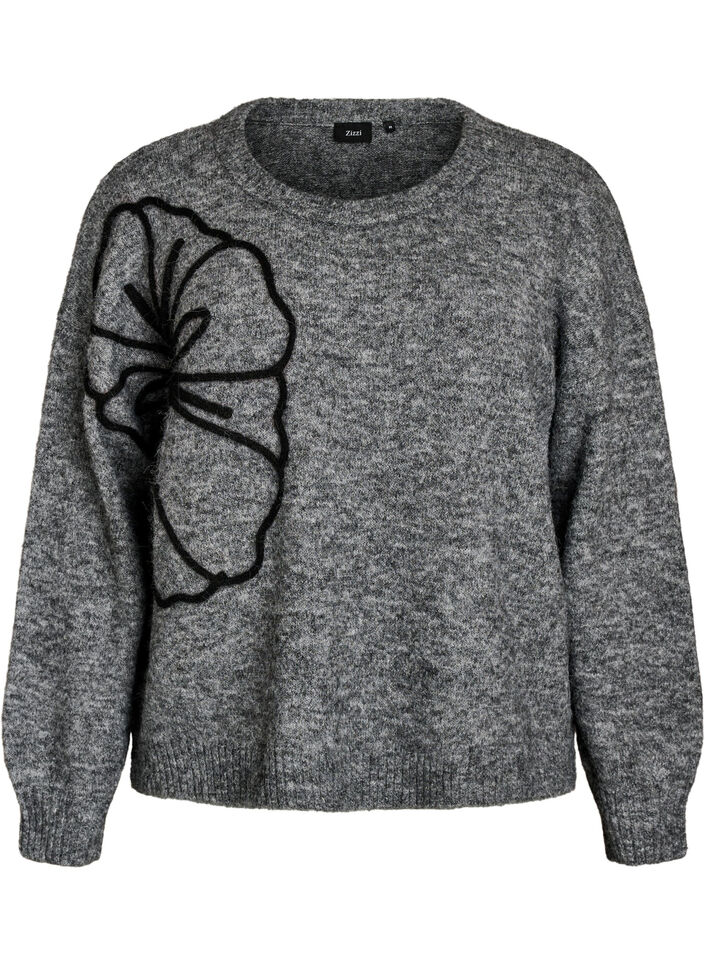 Sweter z aplikacja kwiatowa, Szary, Packshot image number 0
