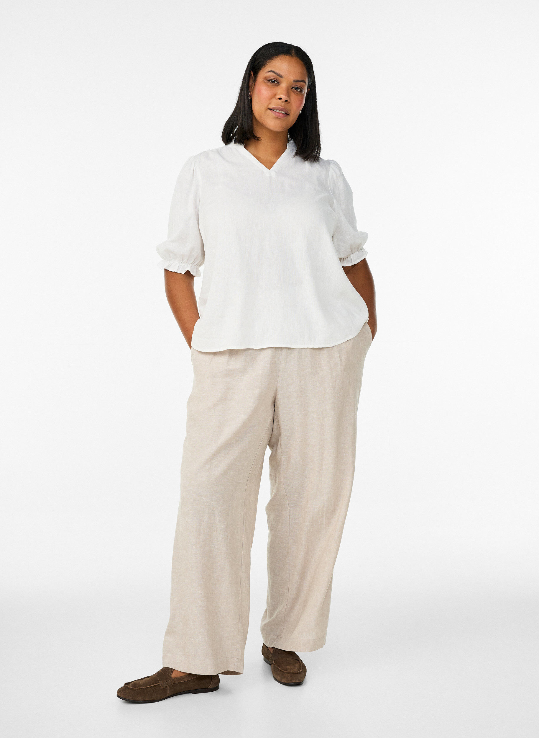 Zizzi Bluzka z lnu i wiskozy z rekawami 1/2, Biały, Model image number 1