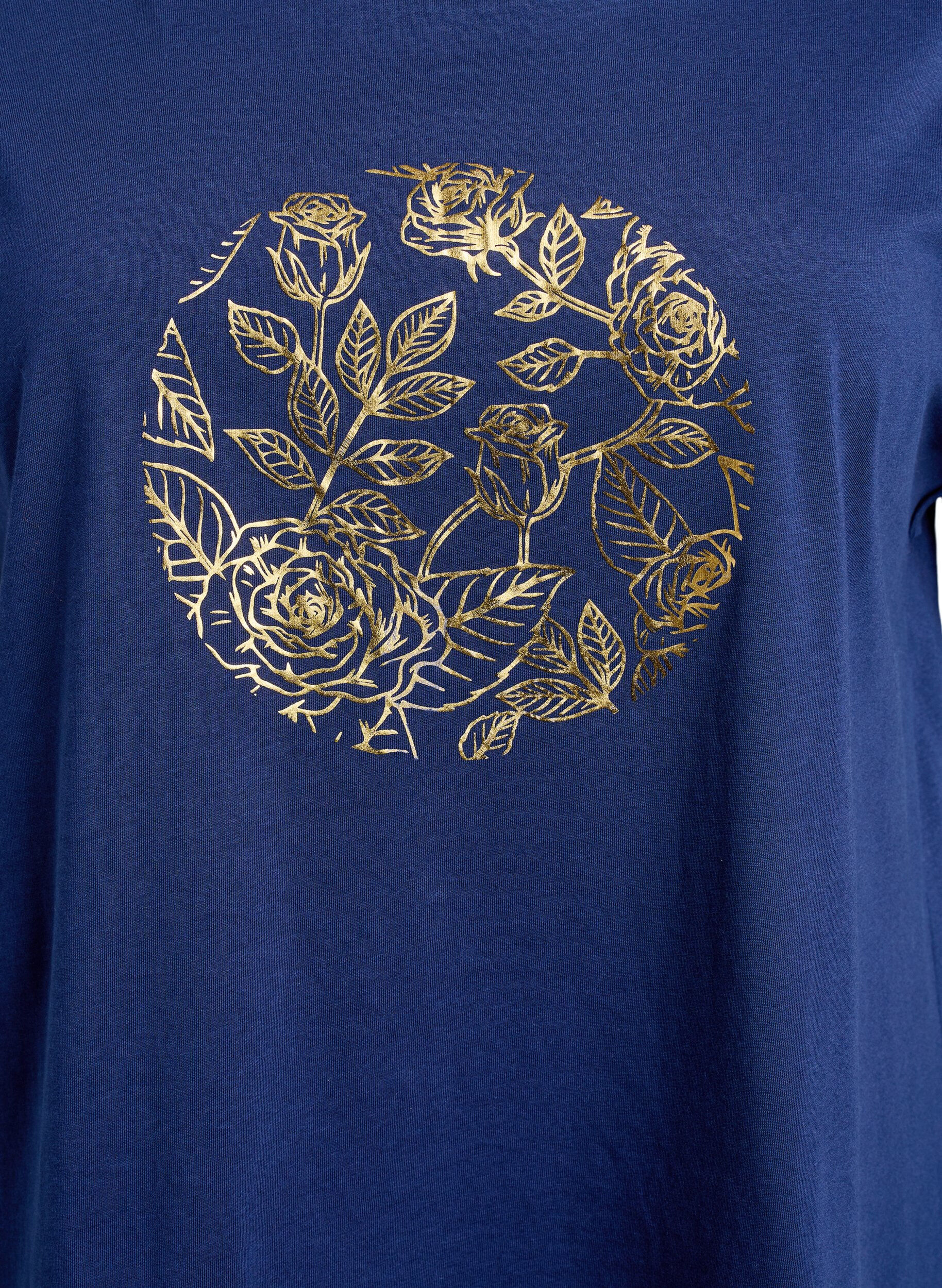 Zizzi T-shirt ze zlotym kwiatowym nadrukiem, Naval A. Gold Rose, Packshot image number 2