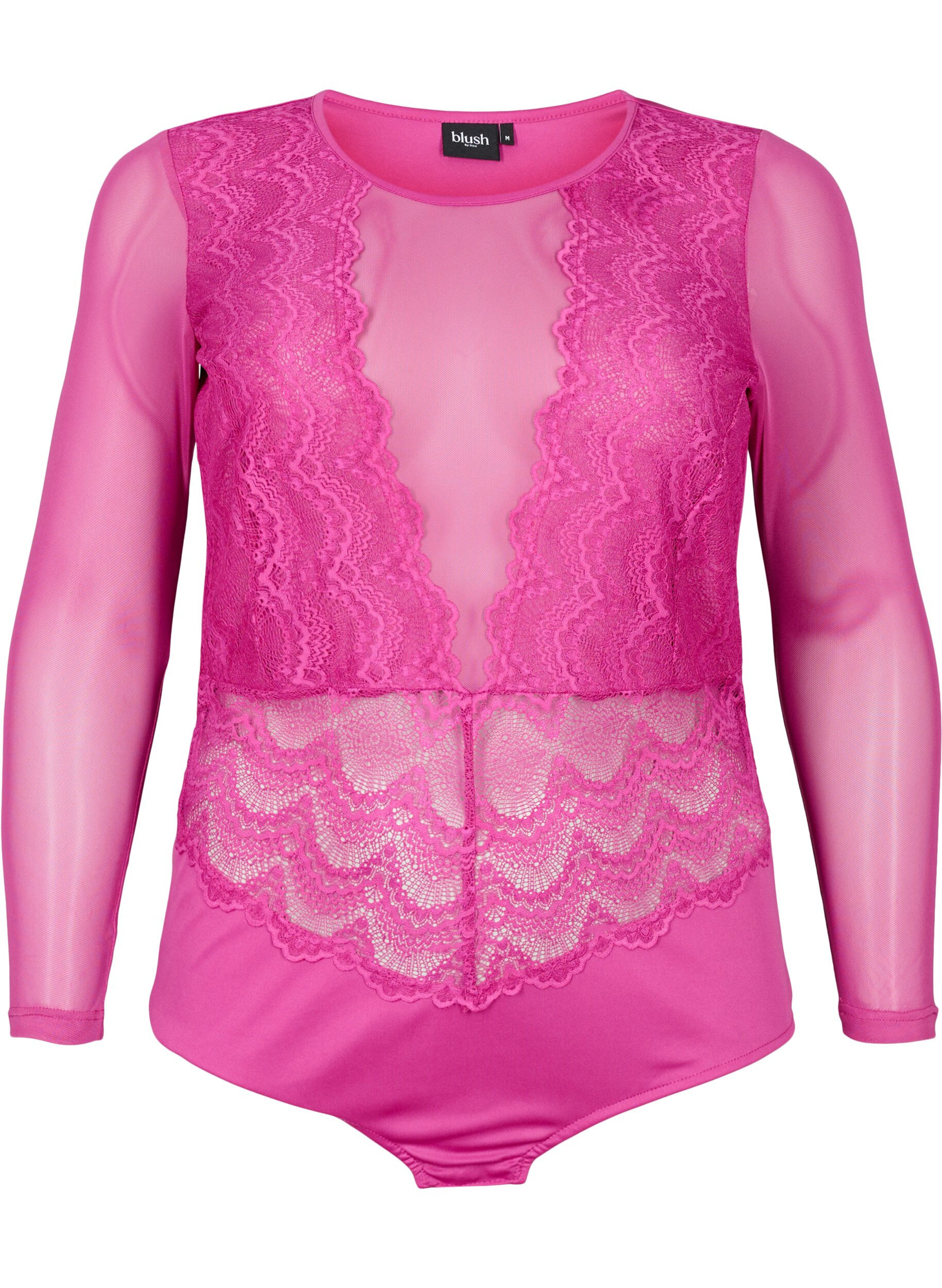 Zizzi Bodystocking z koronka i siateczka, Fuchsia Red, Packshot image number 0